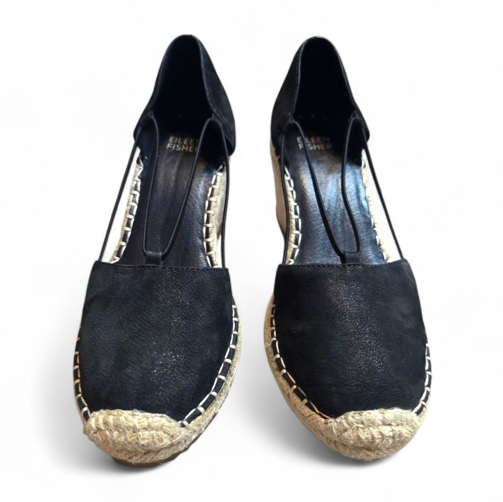 Eileen Fisher Black Yasmin Tumbled Nubuck Espadrille Wedge Heels - Picture 3 of 7